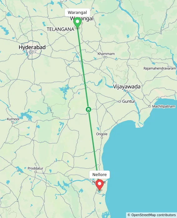 Route map showing distance and travel time from Warangal, India to Nellore, India