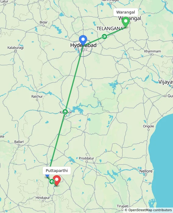 Route map showing distance and travel time from Warangal, India to Puttaparthi, India