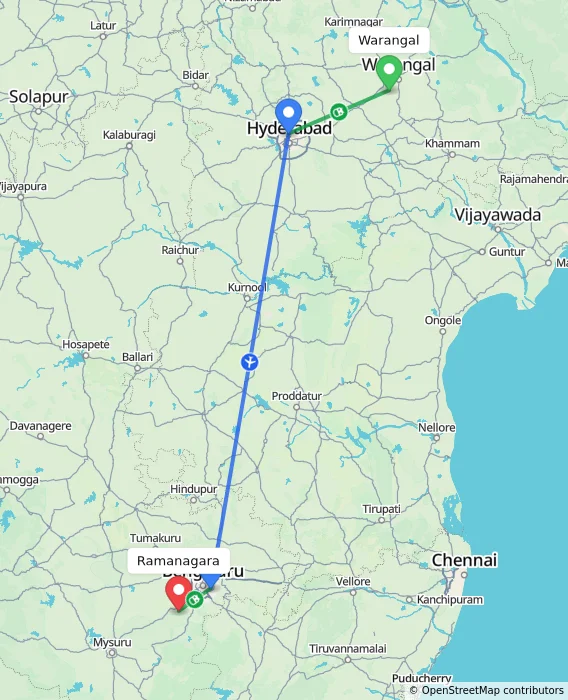 Route map showing distance and travel time from Warangal, India to Ramanagara, India