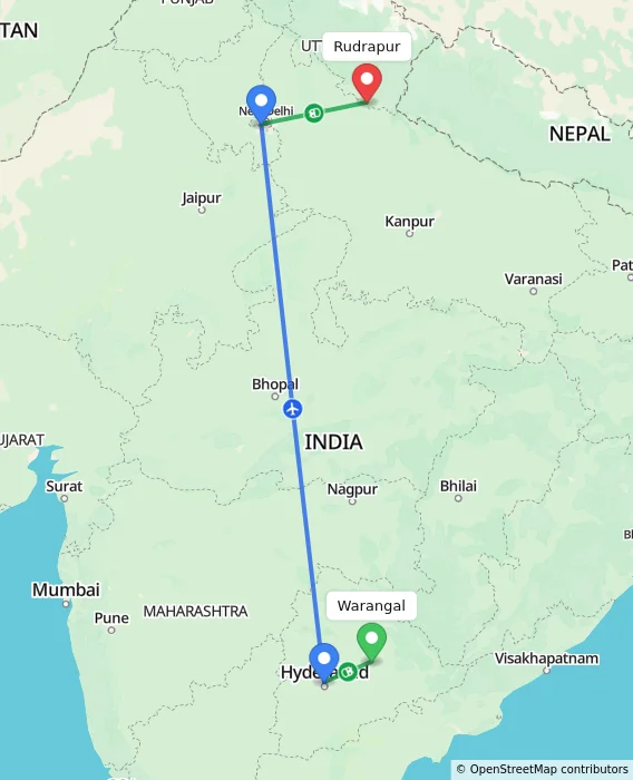Route map showing distance and travel time from Warangal, India to Rudrapur, India