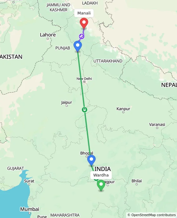 Route map showing distance and travel time from Wardha, India to Manali, India