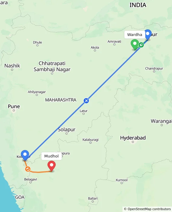 Route map showing distance and travel time from Wardha, India to Mudhol, India