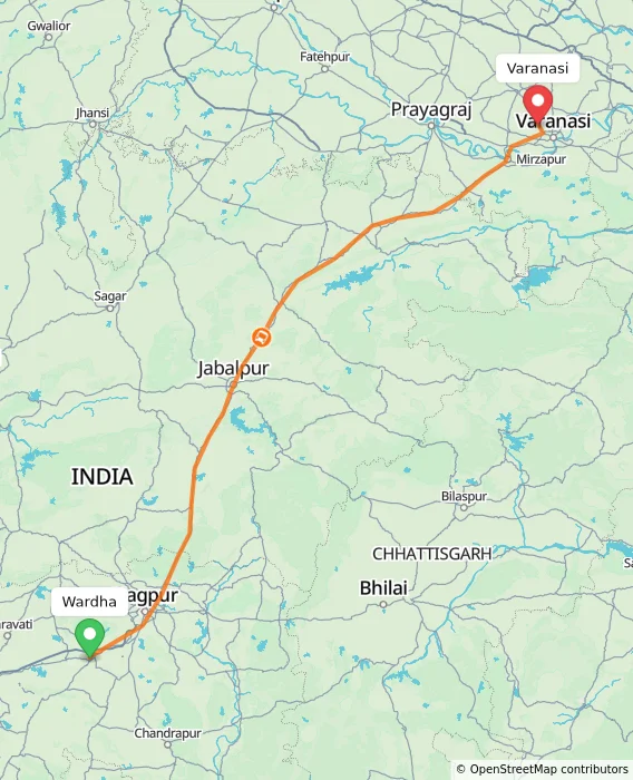 Route map showing distance and travel time from Wardha, India to Varanasi, India