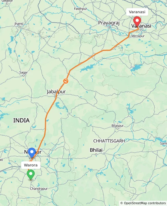 Route map showing distance and travel time from Warora, India to Varanasi, India