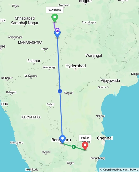 Route map showing distance and travel time from Washim, India to Polur, India