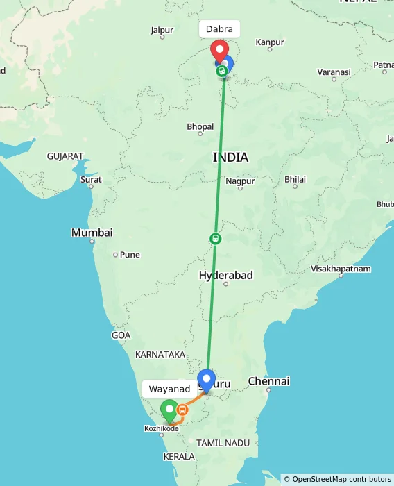 Route map showing distance and travel time from Wayanad, India to Dabra, India