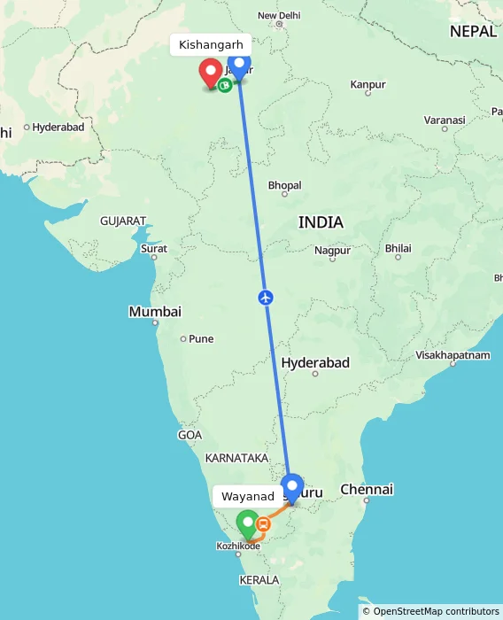 Route map showing distance and travel time from Wayanad, India to Kishangarh, India