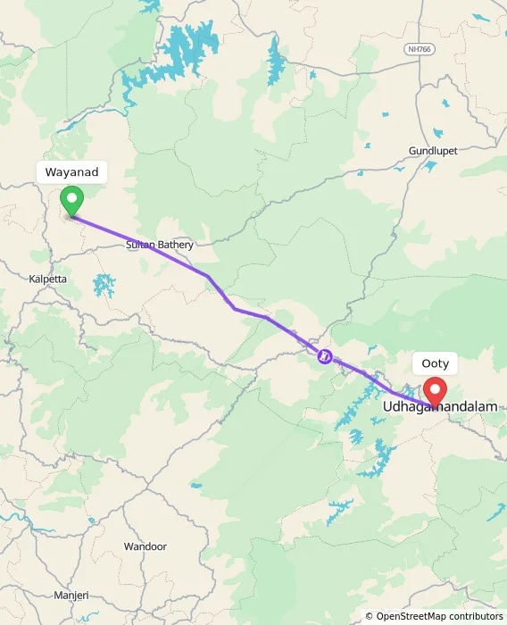 Route map showing distance and travel time from Wayanad, India to Ooty, India