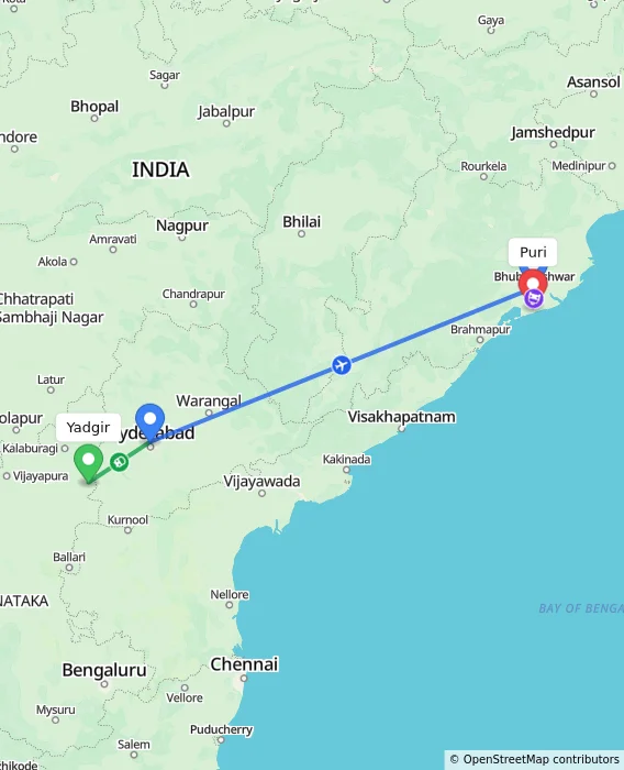 Route map showing distance and travel time from Yadgir, India to Puri, India