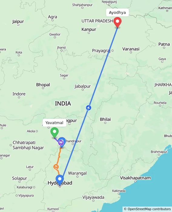 Route map showing distance and travel time from Yavatmal, India to Ayodhya, India