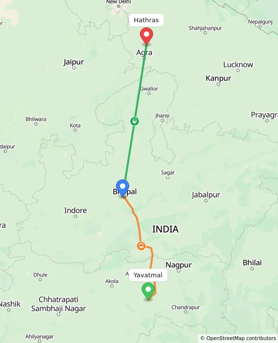 Route map showing distance and travel time from Yavatmal, India to Hathras, India