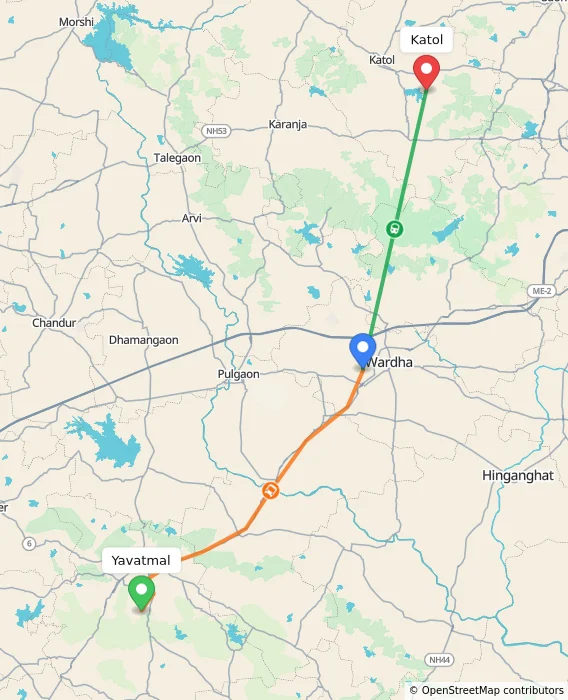 Route map showing distance and travel time from Yavatmal, India to Katol, India