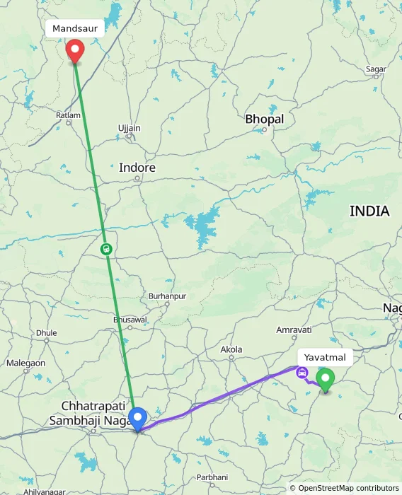 Route map showing distance and travel time from Yavatmal, India to Mandsaur, India