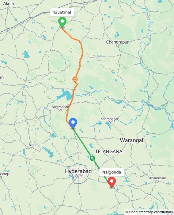 Route map showing distance and travel time from Yavatmal, India to Nalgonda, India