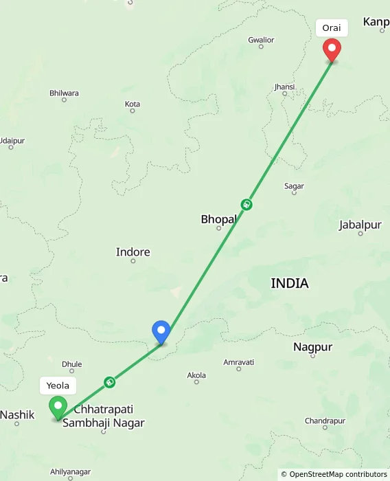 Route map showing distance and travel time from Yeola, India to Orai, India