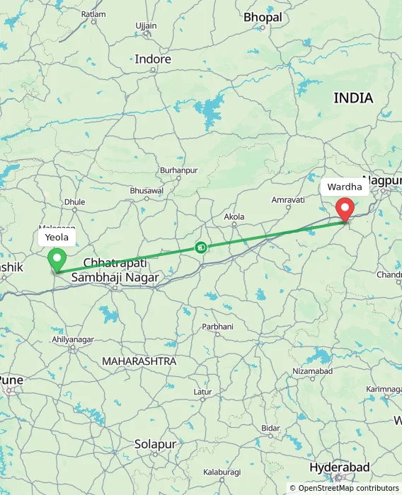 Route map showing distance and travel time from Yeola, India to Wardha, India