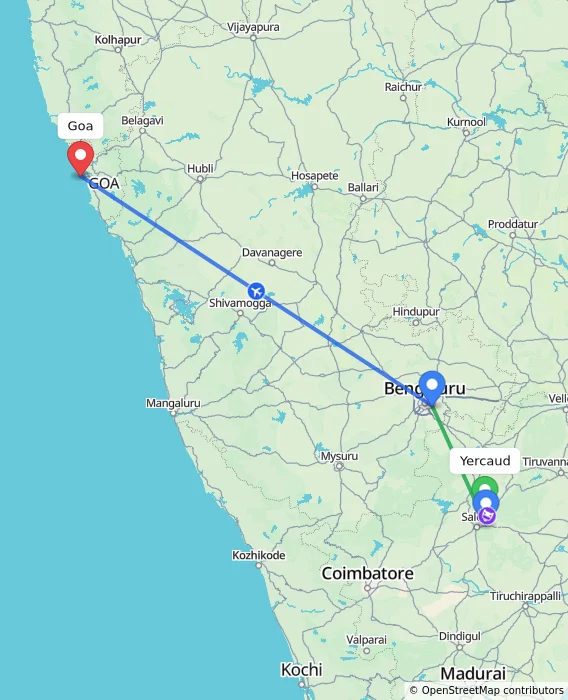 Route map showing distance and travel time from Yercaud, India to Goa, India