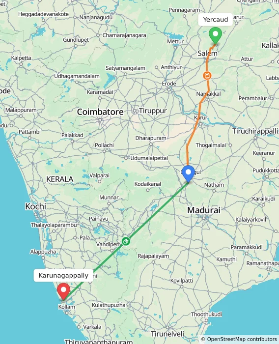 Route map showing distance and travel time from Yercaud, India to Karunagappally, India