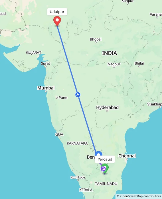 Route map showing distance and travel time from Yercaud, India to Udaipur, India