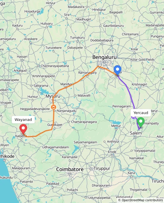 Route map showing distance and travel time from Yercaud, India to Wayanad, India