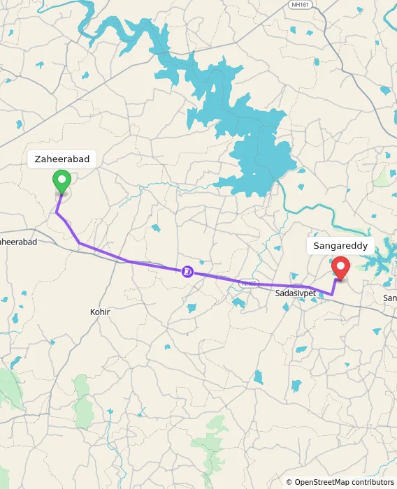 Route map showing distance and travel time from Zaheerabad, India to Sangareddy, India